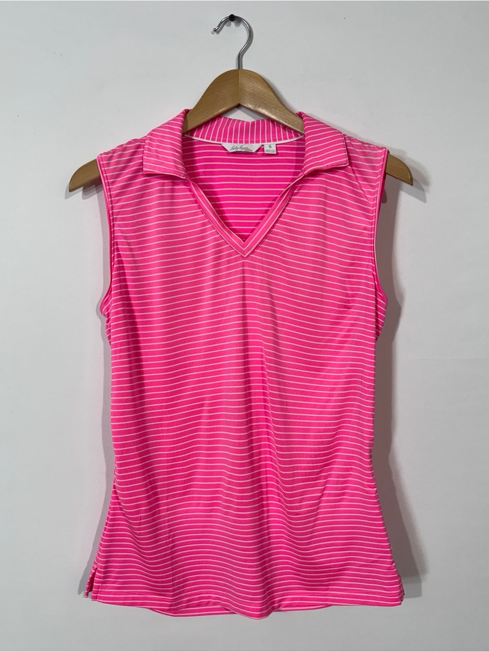 WAT25 {Lady Hagen} Pink White Stripe V-Neck Tank Top Golf Polo Shirt
